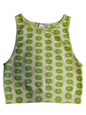 Zara Green Floral Ribbed Crop Tank Retro Y2K Cottagecore Sleeveless Size XS/S